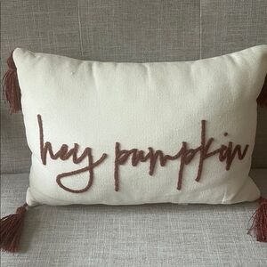 Hey Pumpkin Ivory Throw Pillow with Rust Script